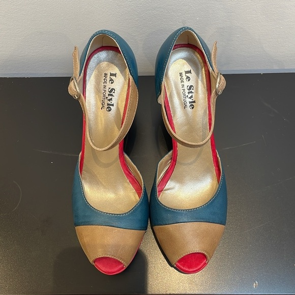 Le Style open toe strap leather heels 6.5 platform pink blue nude summer shoe - Picture 6 of 11